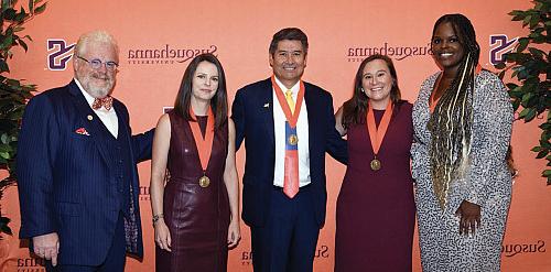 Image of Taiisha Swinton-Buck, Alysha Melnyk, Fernando Ramirez, Jennifer Rojeck Barton and President Jonathan Green.