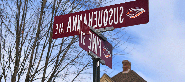 Downtown Selinsgrove has gotten an extra dose of River Hawk pride with new streets signs emblazoned with Susquehanna's athletics logo.